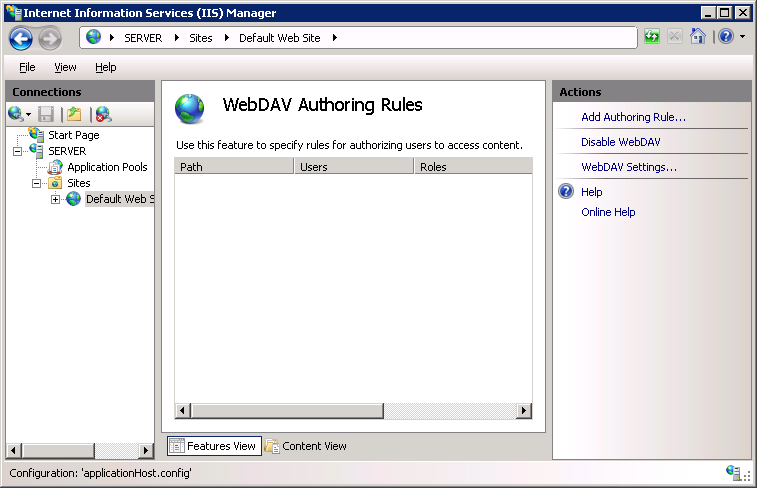 [Web DAV Authoring Rules]\(Web DAV 作成ルール\) ペインを示すスクリーンショット。