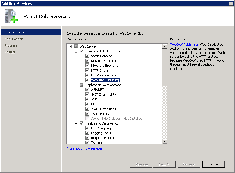 役割サービスの追加ウィザードで Windows Server 2008 用に選択された Web DAV 発行を示すスクリーンショット。