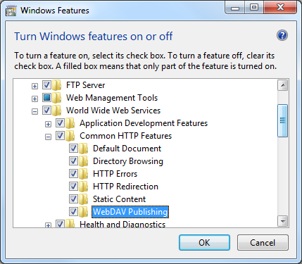Windows 7 で [Web DAV Publishing]\(Web DAV 発行\) が選択されていることを示すスクリーンショット。