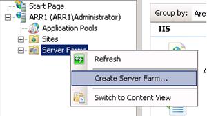 I I S マネージャーのナビゲーション ツリーのスクリーンショット。サーバー ファームが選択され、メニューが表示されます。[サーバー ファームの作成] が強調表示されています。