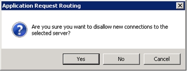 [アプリケーション要求ルーティング] ダイアログ ボックスのスクリーンショット。テキスト選択したサーバーへの新しい接続を禁止しますか?が表示されます。[はい] オプションが強調表示されています。