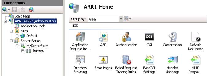 [I I S Manager] ダイアログ ボックスのスクリーンショット。左側のウィンドウにはナビゲーション ツリーがあります。[A R R 管理者] オプションが強調表示されています。A R R one ホーム ページが表示されます。