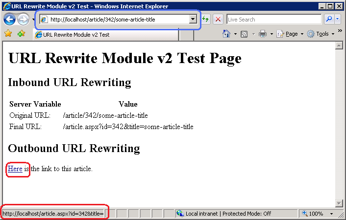 Web ブラウザーを使用して U R L 書き換えモジュールのテスト ページのリンクをポイントした後の最終 U R L のスクリーンショット。