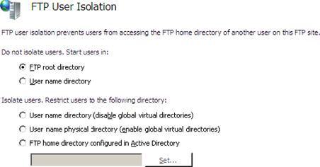 ユーザーが F T P ルート ディレクトリで起動するように構成された [F T P ユーザー分離] ダイアログのスクリーンショット。