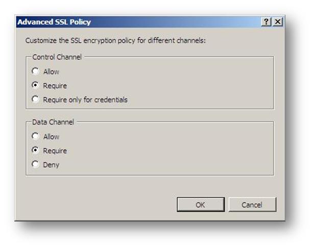 [制御チャネル] と [データ チャネル] が [必須] に設定されている [Advanced S S L Policy]\(S S L ポリシーの詳細設定\) ダイアログのスクリーンショット。