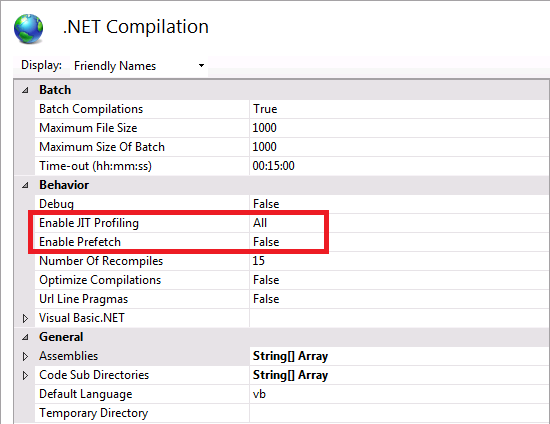 S P ドット NET 3 ドット 5 のドット NET コンパイルのスクリーンショット。J I T プロファイルの有効化とプリフェッチの有効化の動作が強調表示されています。