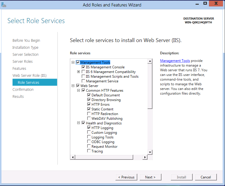 管理ツールが強調表示されている Web Server I I S で選択してインストールするロール サービスの一覧のスクリーンショット。