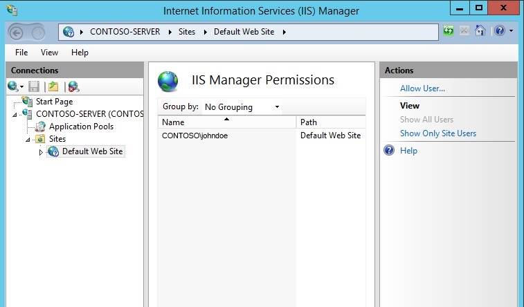 [I I S Manager のアクセス許可] ウィンドウのスクリーンショット。[名前] には、テキスト C O N T O S O 円記号 john doe があります。[パス] は [既定の Web サイト] です。
