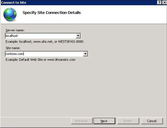 Screenshot of Connect to Site wizard. Under the text Server name, localhost is written. Under the text Site name, contoso dot com is written. The option Next is highlighted.