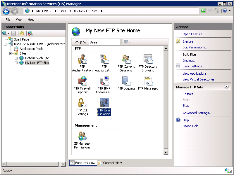 Screenshot of the I I S Manager screen's My New F T P Site Home setion with the F T P User Isolation shortcut being highlighted.