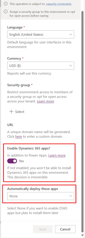 画像は、Power Platform 環境で Dynamics 365 アプリのフィールドを有効にする方法を示しています。