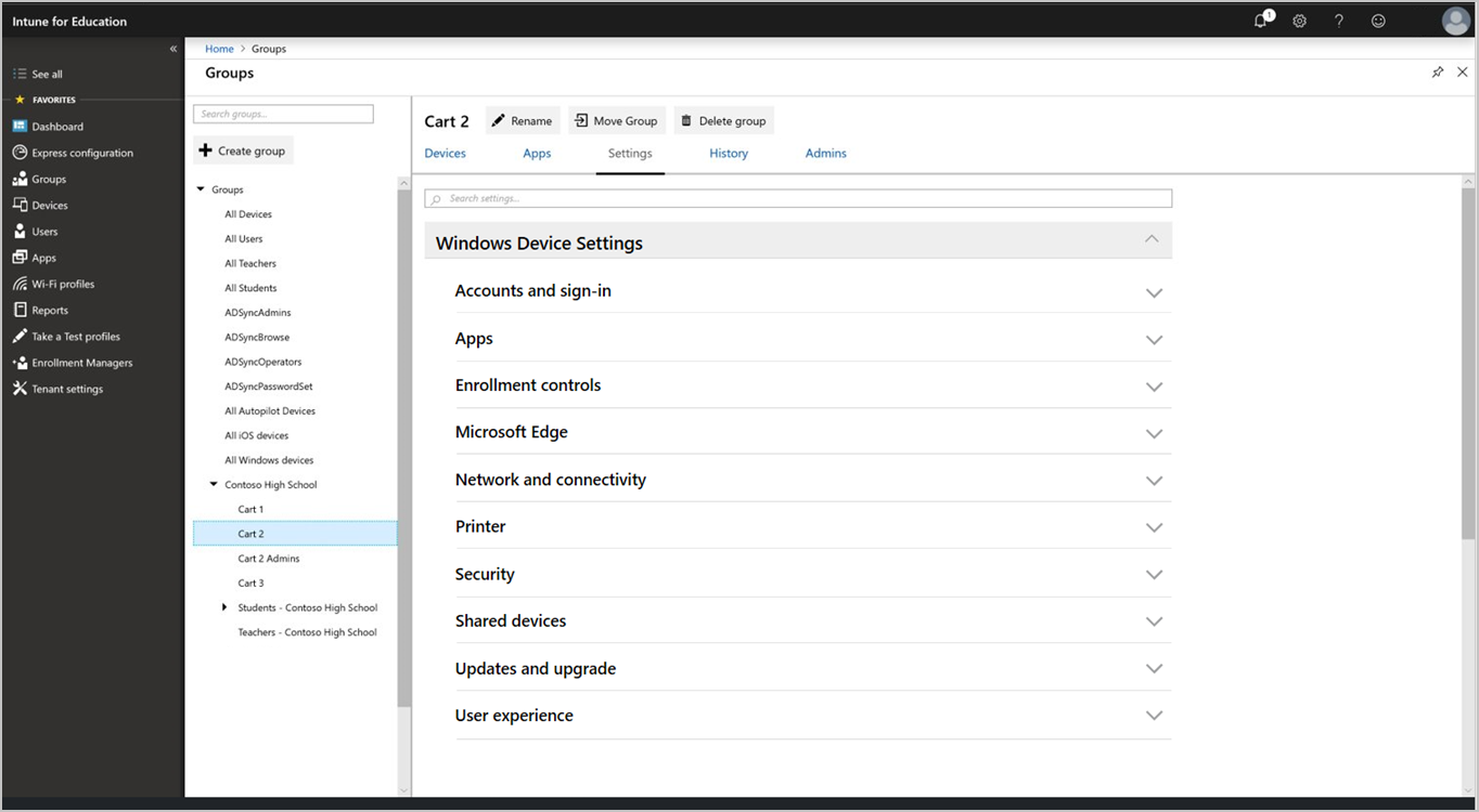 Intune for Education の [すべてのデバイス]、[グループ] ページのスクリーンショット。[設定] タブを強調表示し、[Windows デバイス設定] カテゴリが展開され、設定のすべての 10 個のサブカテゴリが表示されます。各設定は折りたたまれます。