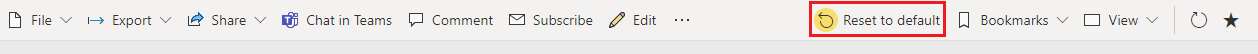 Power BI アクション バーの [既定にリセット] ボタンを示すスクリーンショット。