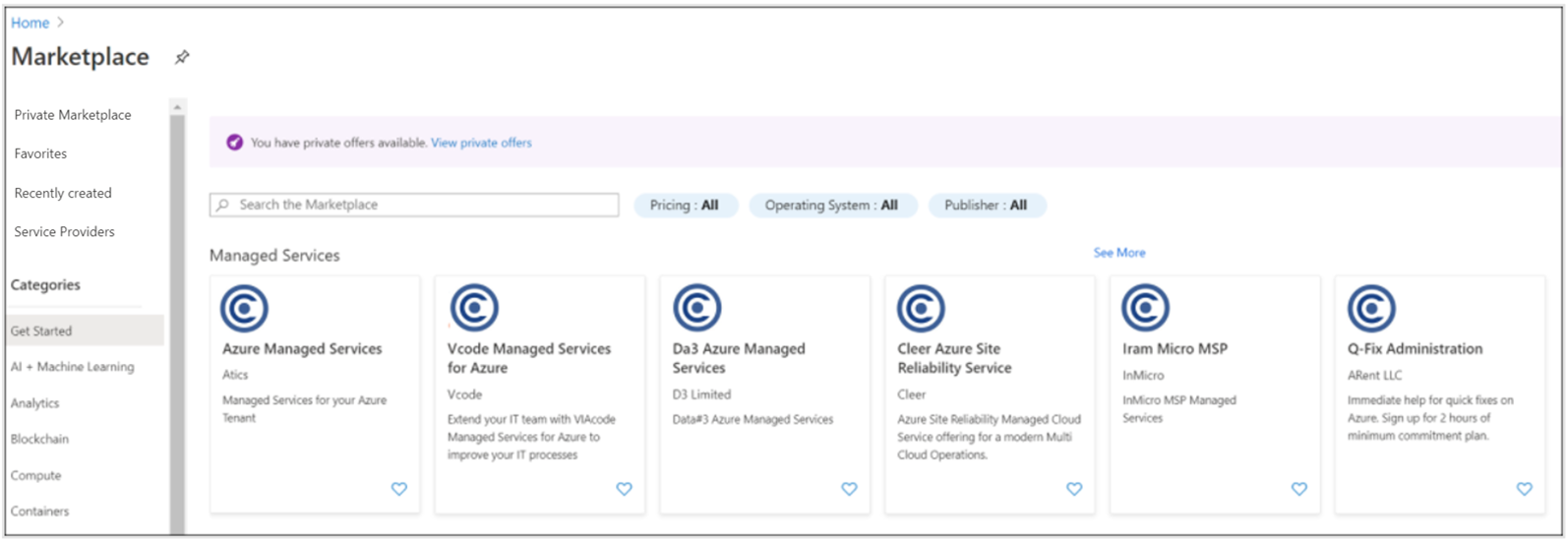 Marketplace の左側にある [プライベート マーケットプレース] メニュー オプションを示すスクリーンショット。