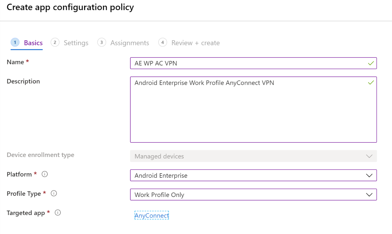 Microsoft Intune で VPN またはアプリごとの VPN を構成するアプリ構成ポリシーを作成する