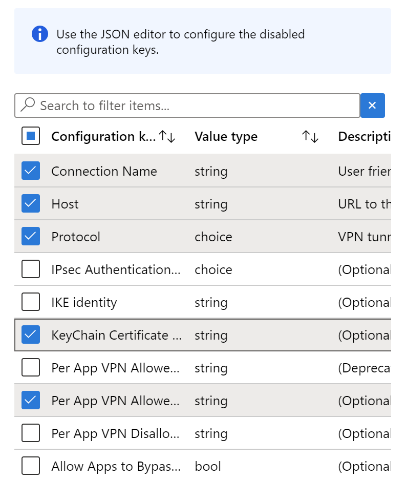 構成デザイナーを使用して Microsoft Intune の VPN アプリ構成ポリシーに構成キーを追加する - 例。