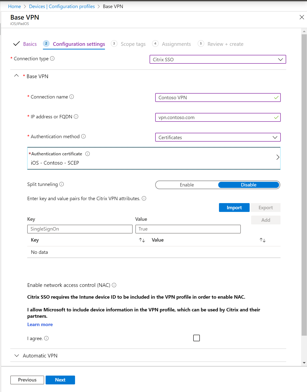 Microsoft Intune と Intune 管理センターでのアプリごとの VPN プロファイル、IP アドレスまたは FQDN、認証方法、分割トンネリングを示すスクリーンショット。