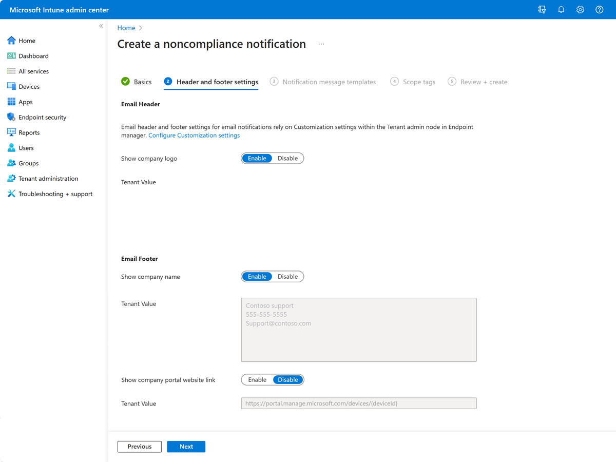 Intune の通知メッセージの [ヘッダーとフッターの設定] ページの例を示すスクリーンショット。