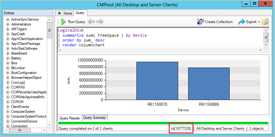 ClientOperationID が強調表示された CMPivot ウィンドウ(バージョン 1902)