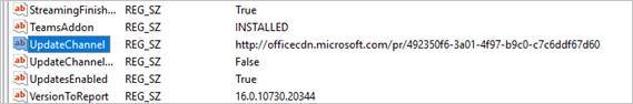 管理用テンプレート Office UpdateChannel レジストリ キーの例