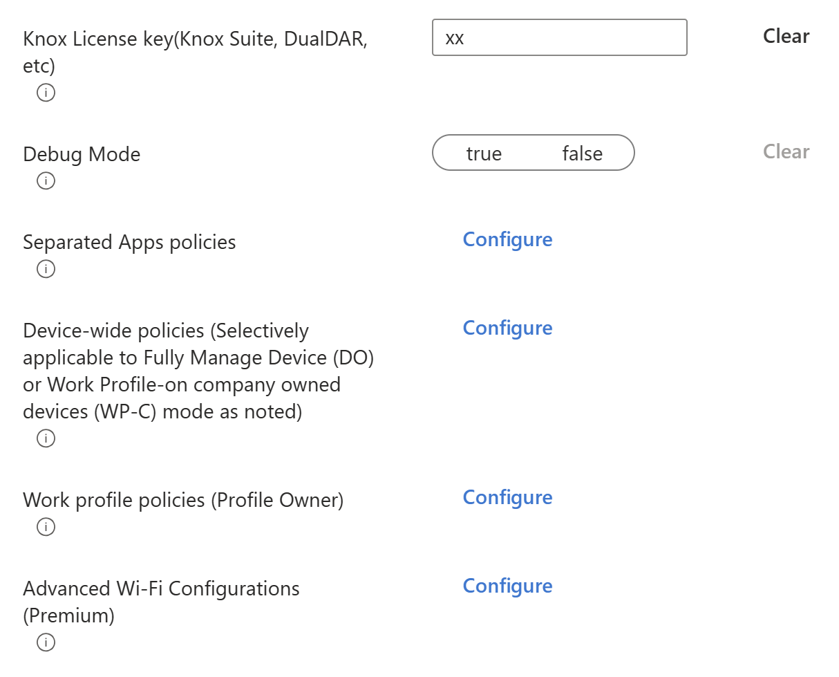 Microsoft Intune で構成できる上位の親グループまたはバンドルを含む OEMConfig デバイス構成プロファイルのサンプルを示すスクリーンショット。