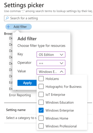 Microsoft Intune と Intune 管理センターで Windows エディションで設定リストをフィルター処理するときの [設定カタログ] を示すスクリーンショット。