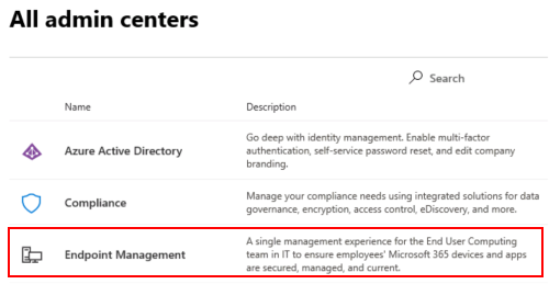 Microsoft 365 管理センターのすべての管理センターを示すスクリーンショット。