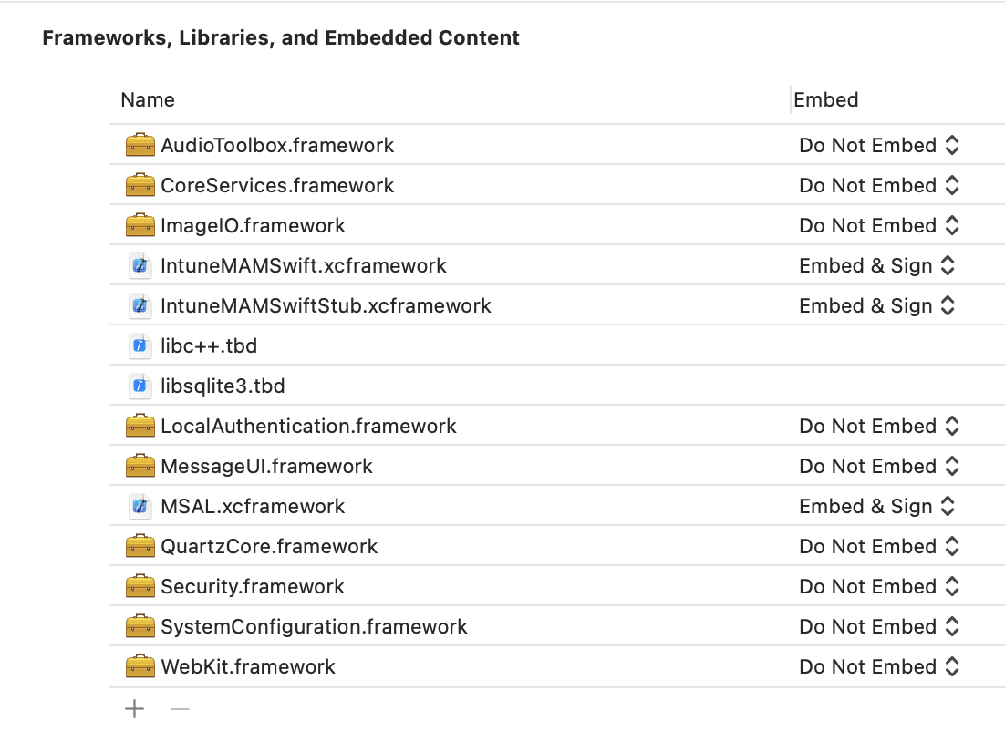 Intune App SDK iOS Framework: Xcode Framework、ライブラリ、埋め込みコンテンツのサンプル