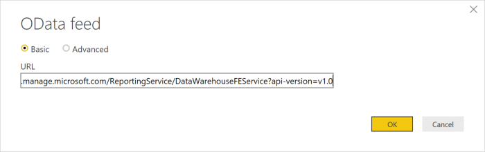 テナントの Intune Data Warehouseの OData フィード。