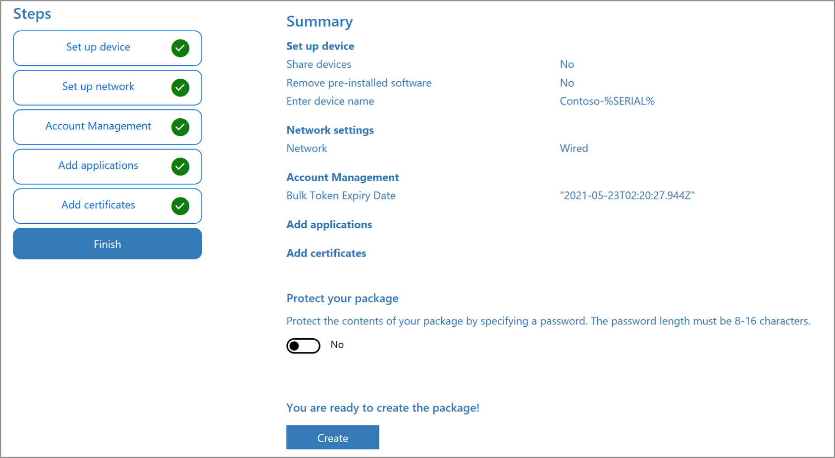 Windows Configuration Designer アプリのパッケージ保護のスクリーンショット
