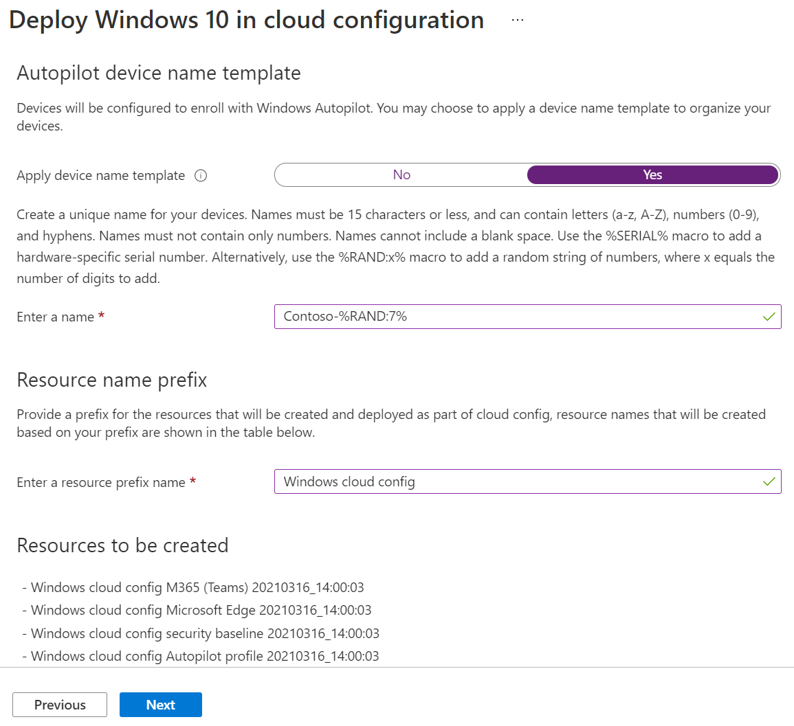 Microsoft IntuneのWindows 10/11 クラウド構成ガイド付きシナリオでデバイス名テンプレートとリソース名プレフィックスを構成する方法を示すスクリーンショット。