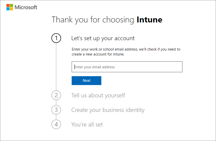 Microsoft Intune の [アカウントのセットアップ] ページのスクリーンショット - 電子メールを入力する