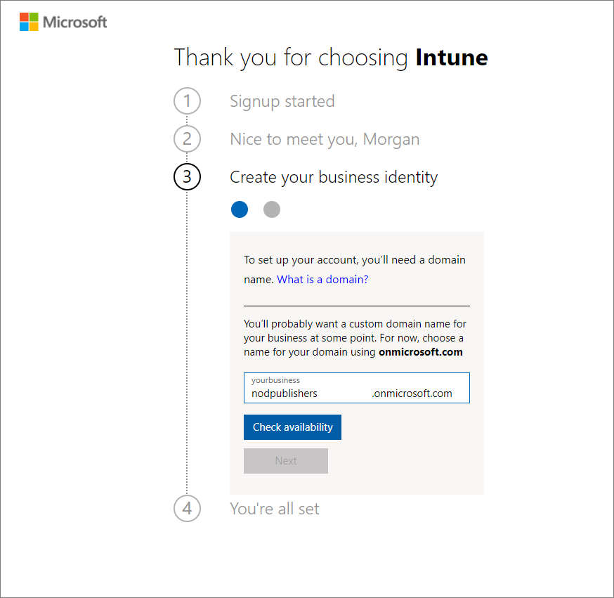 Microsoft Intune の [アカウントのセットアップ] ページのスクリーンショット - サインイン