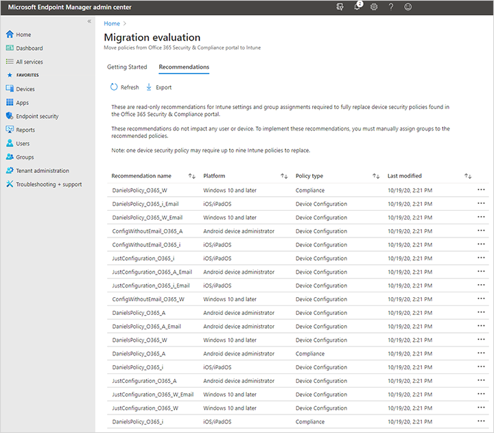 Microsoft 365 Basic Mobility and Security ポリシーを Intune に移行した後の Microsoft Intune 管理センターでの移行評価例のスクリーンショット