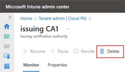発行元 CA の削除アクションを強調表示しているスクリーンショットの例。