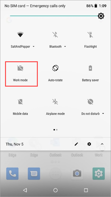 Nexus 5X クイック設定の非アクティブな作業モード アイコンのスクリーンショット。