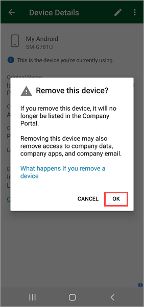 [OK] オプションが強調表示されているポータル サイト アプリの [このデバイスの削除] 確認のスクリーンショット。