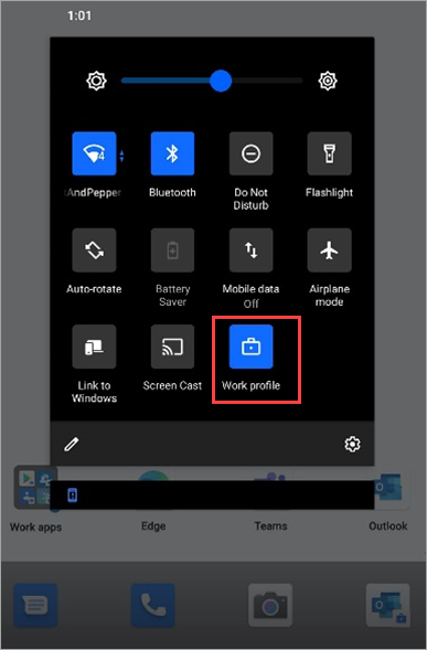 Surface Duo のクイック設定でアクティブ化された仕事用プロファイル アイコンのスクリーンショット。