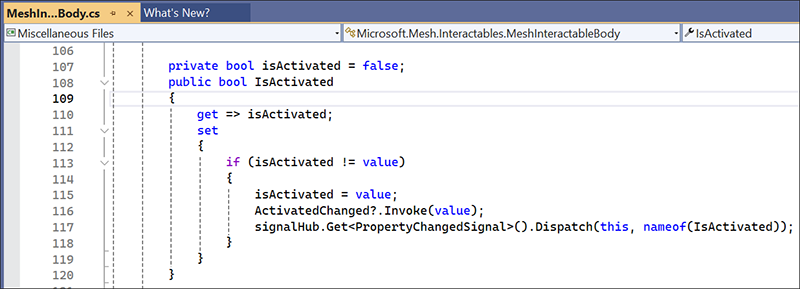 Mesh Interactable Body スクリプトでアクティブ化される変数のスクリーン ショット。