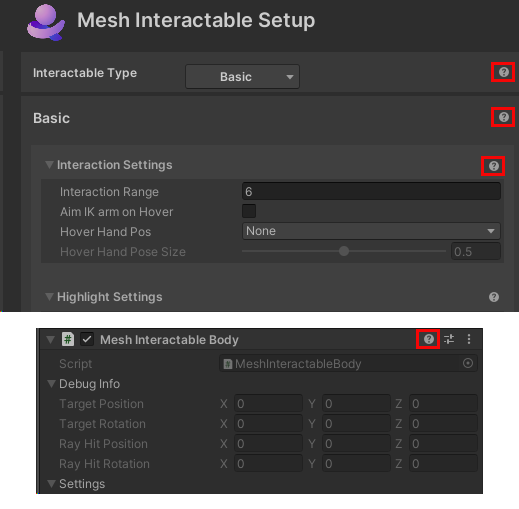 コンテキスト依存のヘルプ ボタンが強調表示されている Mesh Interactable コンポーネントのスクリーン ショット。