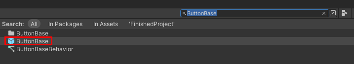 Unity の [Project] (プロジェクト) ウィンドウで検索された用語 Buttonbase のスクリーンショット