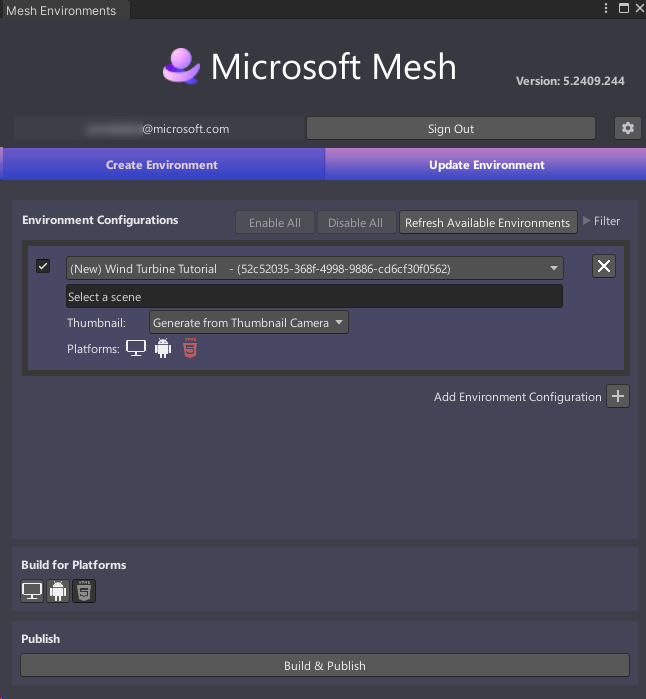 選択された風力タービンチュートリアル環境を示す Mesh アップローダーのスクリーンショット。