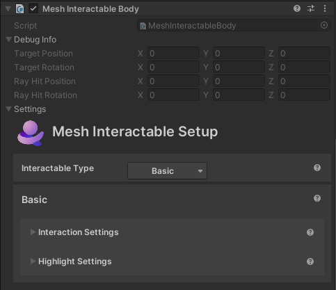 Button コンポーネントに追加された新しいコンポーネント Mesh Interactable Body を示す Unity のスクリーンショット。