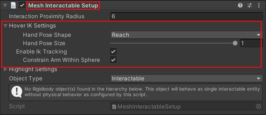 [Mesh Interactable Setup] ウィンドウと含まれている設定を示す Unity のスクリーンショット。