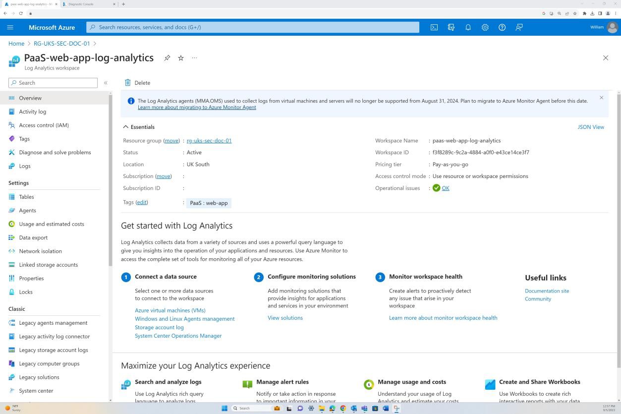 Microsoft Azure Log Analytics Workplace の概要ページ。