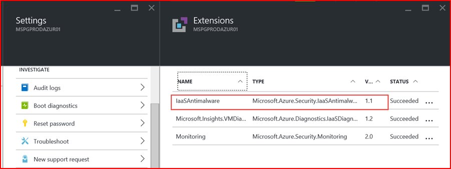 Azure Security Center のスクリーンショット。マルウェア対策拡張機能が VM にデプロイされていることを示します