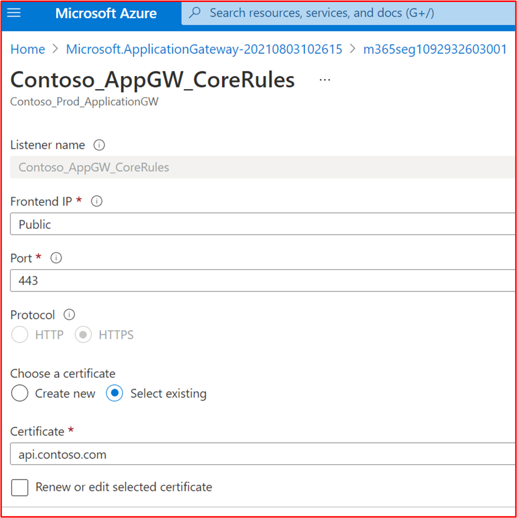 api.contoso.com サービス用であることを示すContoso_AppGW_CoreRulesを示すスクリーンショット