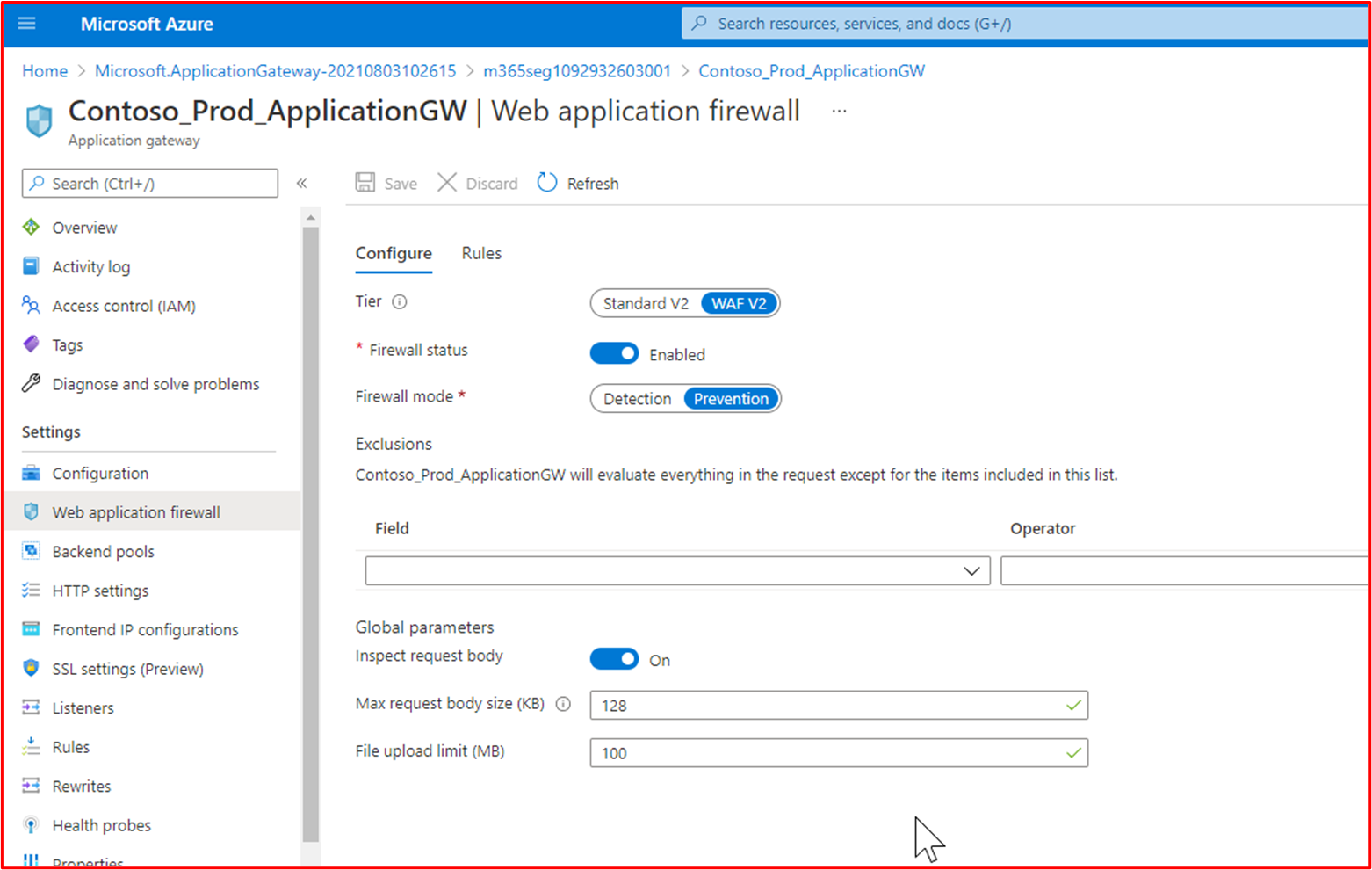 Contoso Production Azure Application Gateway WAF ポリシーが有効になっており、