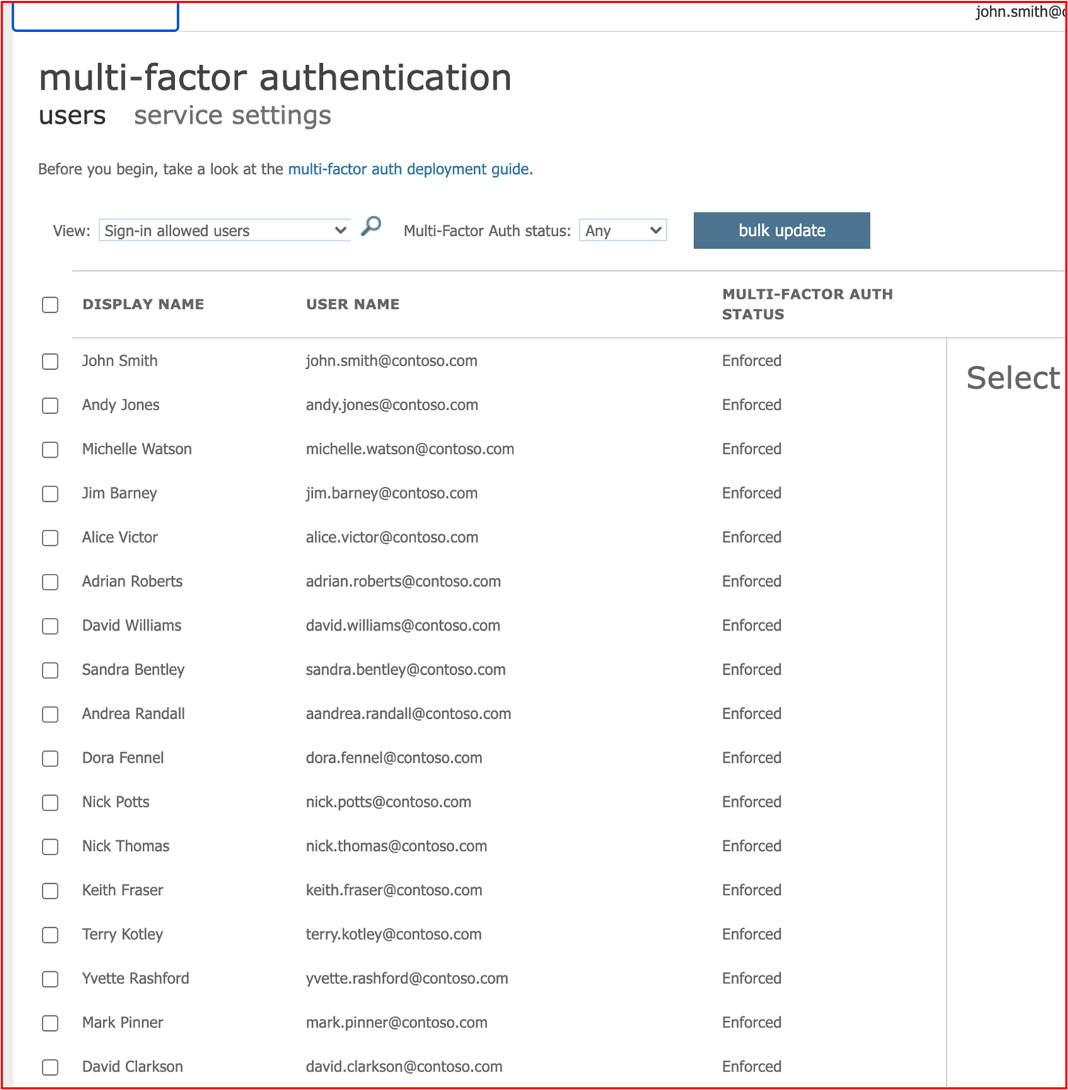 スクリーンショットは、すべての Azure ユーザーが MFA を有効にしていることを示しています。