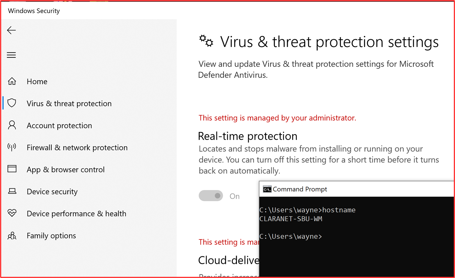 スクリーンショットは、Microsoft Defender ウイルス対策用にリアルタイム保護がオンに構成されているホスト 